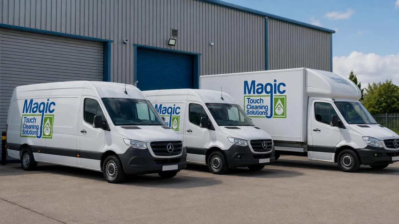 ثلاث شاحنات تحمل شعار Magic Touch Cleaning Solutions