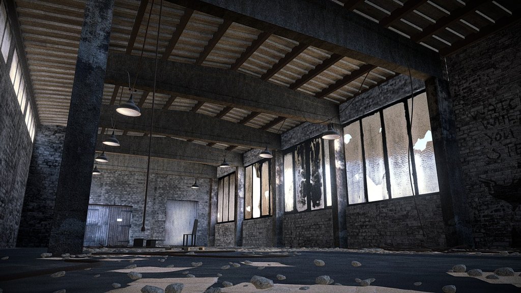 Neglected industrial hall with debris on the floor